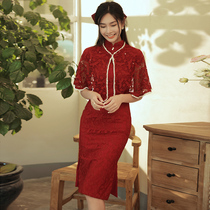 Improved cheongsam toast bride spring and autumn small man can usually wear Chinese red wedding engagement back dress