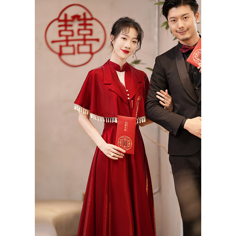 Superior Sense Toast Bride 2021 New Wedding Wine Red Engagement Satin Evening Gown Dress Woman Long Version Summer