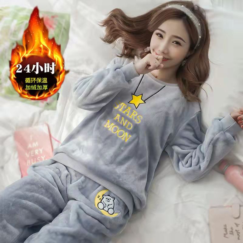 Coral Velvet Pajamas for Women, Winter Long-Sleeved, Fleece-Lined, Thickened, Cartoon Fresh Korean Style, Warm Flannel Home Wear Set