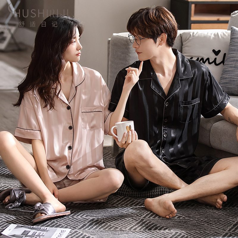 Couple's Pajamas for Women, Summer Thin Ice Silk Cardigan, Short-Sleeved Loungewear, Summer Men's Faux Silk Plus-Size Set