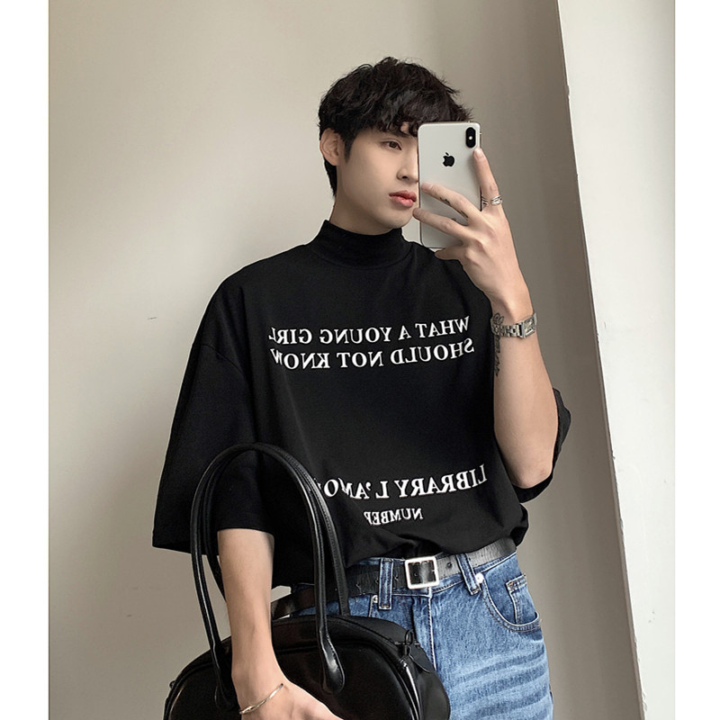 Hairstylist Trendy Brand Men's Half-High Collar T-Shirt with Unique Design, Small Neckline, Short Sleeves, High-End Feel, 7/8 Sleeves T-Shirt