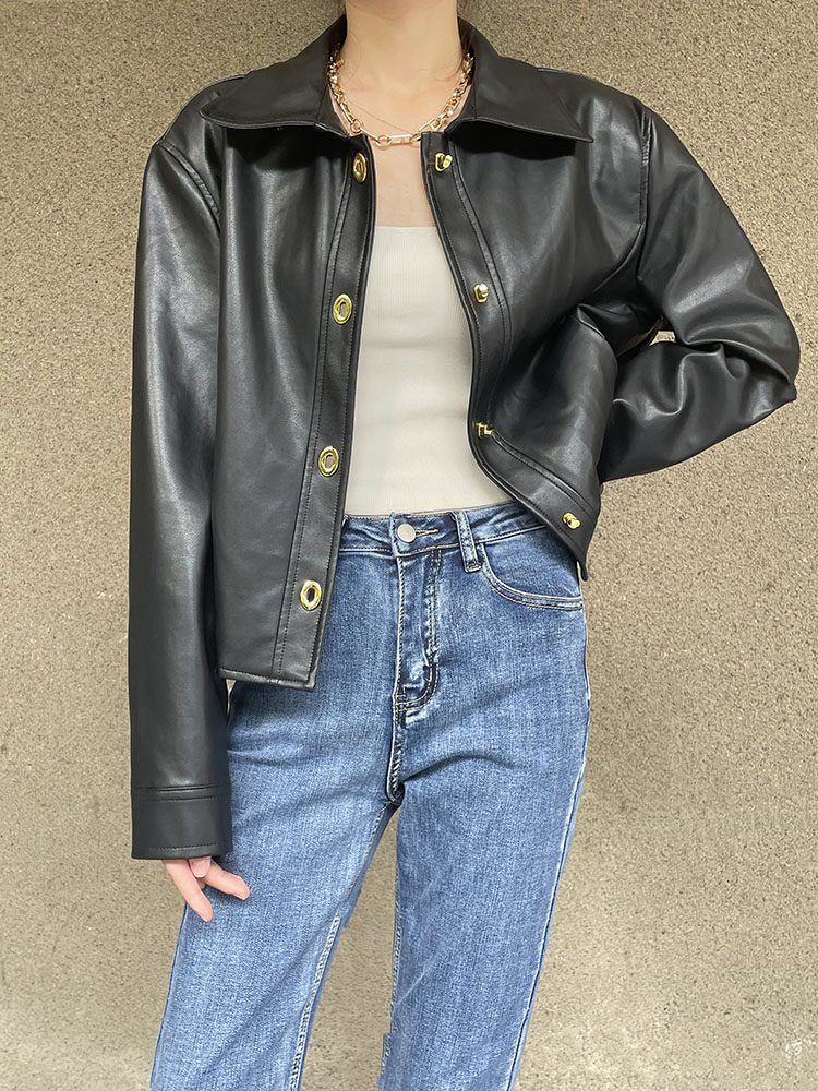 товар из китая masa法式小金扣翻领皮衣外套短设计感小众2022秋休闲酷飒机车外套 OTHER