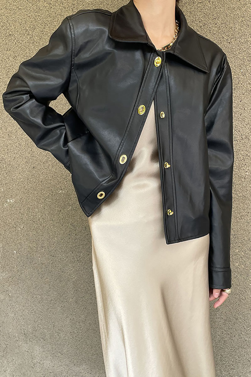 товар из китая masa法式小金扣翻领皮衣外套短设计感小众2022秋休闲酷飒机车外套 OTHER