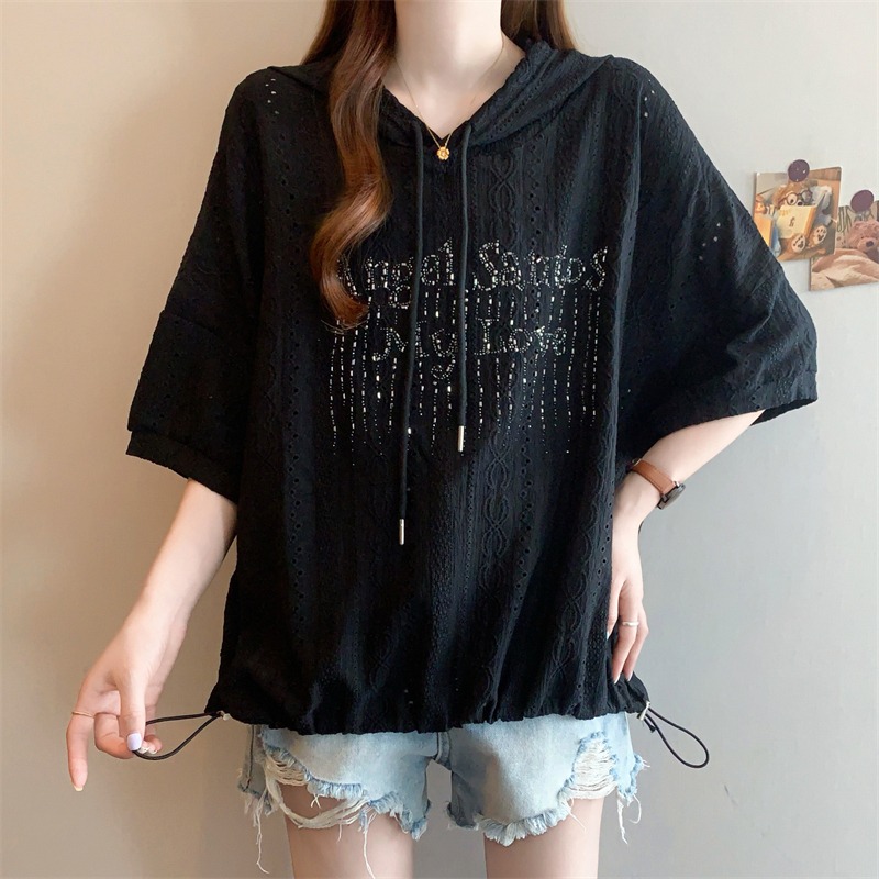 Plus-Size High-End Rhinestone Letter Hooded Short-Sleeve T-Shirt for Women, Summer Loose Fit to Cover Belly and Look Slimming