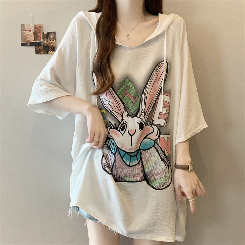Plus-Size Cute Cartoon Print Hooded Short-Sleeve T-Shirt for Women, Summer Slimming Mid-Length Top That Covers the Hips for Chubby Girls