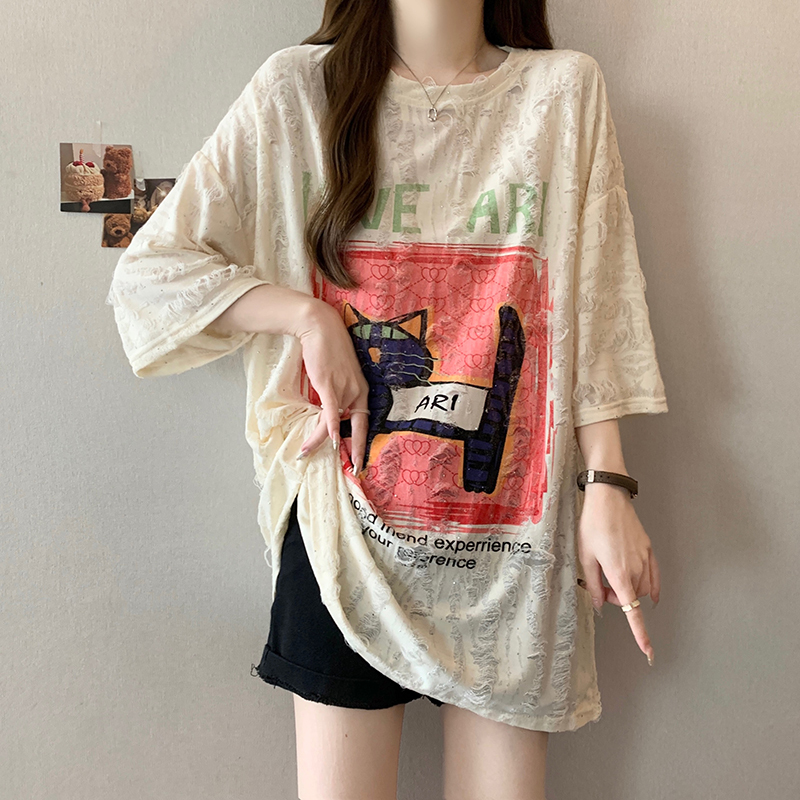 Plus-Size Printed Cat Distressed Short-Sleeve T-Shirt for Women, Summer Loose Fit, Slimming Mid-Length Top That Covers the Hips Plus-Size Printed Cat Distressed Short-Sleeve T-Shirt for Women, Summer Loose Fit, Slimming Mid-Length Top That Covers the Hips