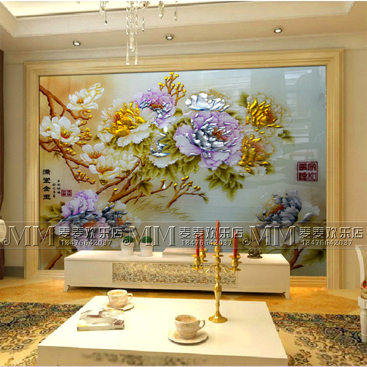 Art glass TV background wall partition screen porch modern simple European carved toughening craft gold and jade full house