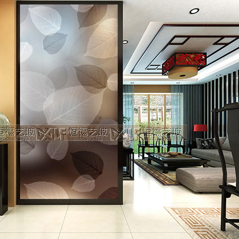 Set to make modern art glass Background wall Xuanguan Screen Partition Living Room Decoration Steel frosted through the leaves
