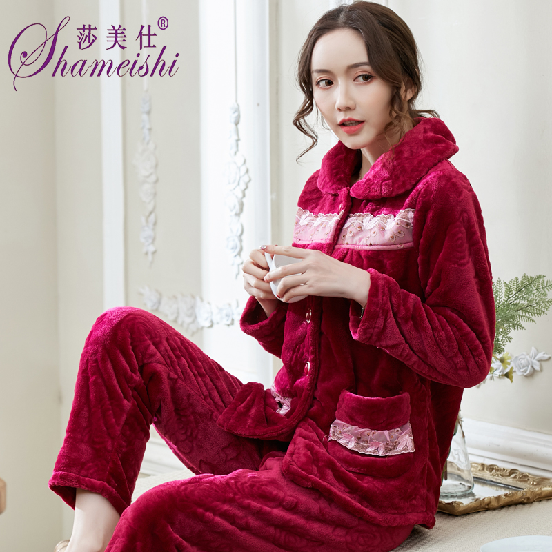 珊瑚绒睡衣女秋冬季加厚大码保暖中老年妈妈法兰绒家居服两件套装
