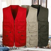 Bố tải vest mùa thu 50 tuổi 60 trung niên vest nhiều túi vest 70 ông già áo khoác cotton - Áo vest cotton comple tuổi 50