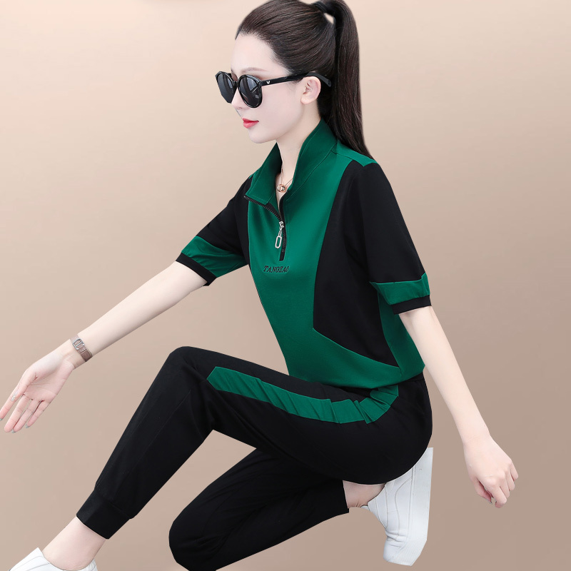Summer Casual Sportswear Set for Women 2026 New Fashion Stand-Up Collar Short-Sleeved Jogger Pants Ice Silk Running Two-Piece Set