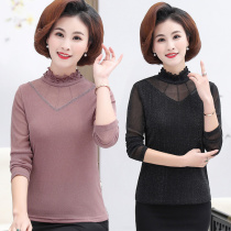 Middle-aged mother spring summer long sleeve base shirt short shirt middle-aged women lace T-shirt Foreign color shirt high neck