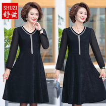 New mother Autumn long sleeve dress long-length Noble middle-aged women lace long skirt foreign style 40-50