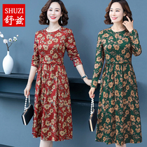 New mother Spring and Autumn long sleeve dress long-length Noble middle-aged women flower knee long skirt foreign style