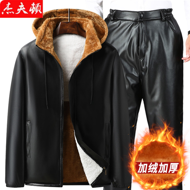 Winter Leather Jacket for Men, Fleece-Lined and Thickened, Driving Suit, Oil-Proof and Waterproof Leather Jacket and Pants Set, Men's Warm and Cold-Resistant Winter Leather Jacket for Men, Fleece-Lined and Thickened, Driving Suit, Oil-Proof and Waterproof Leather Jacket and Pants Set, Men's Warm and Cold-Resistant