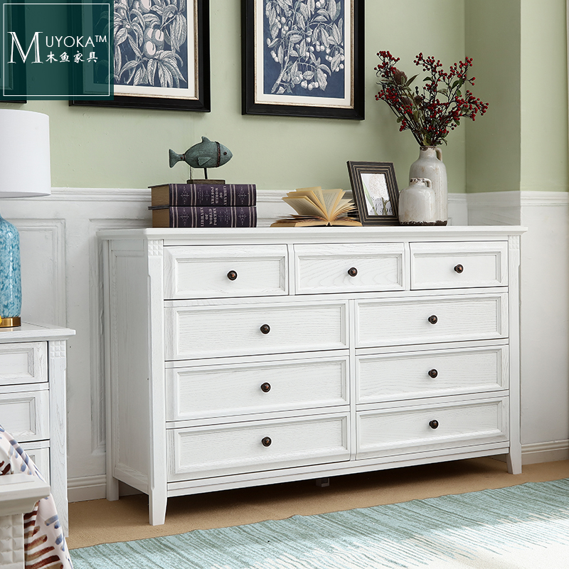 American Countryside White Wax Wood Bedroom Storage Nine Bucket Cabinet-Taobao