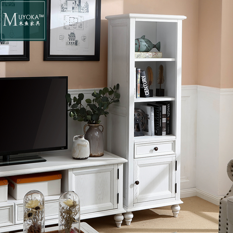 American Countryside White Wax Wood Living Room TV Cabinet Combined Side Cabinet Wine Cabinet Solid Wood Locker-Taobao