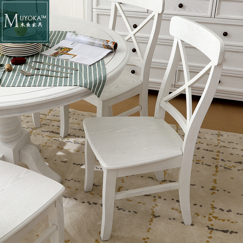 American Countryside White Wax Wood White Solid Wood Single Fork Dining Chair Restaurant Chair Desk Chairs-Taobao
