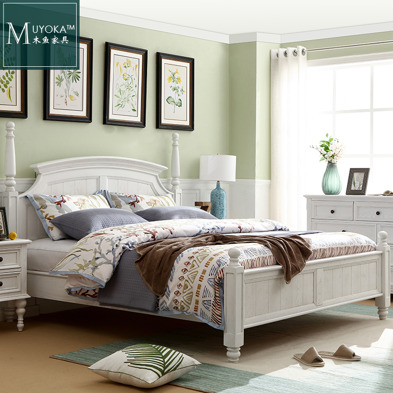 American Countryside White Wax Wood White Solid Wood Arched Bed Bedroom Double Bed-Taobao