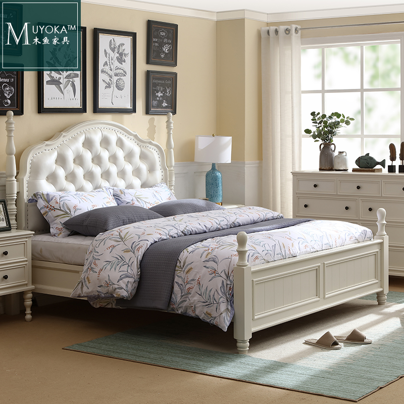 American countryside peach blossom heart wood soft bunk bed Roman column headboard retro white bed-Taobao