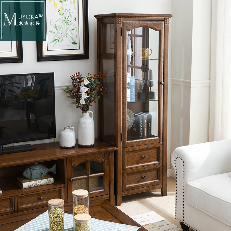 American Countryside White Wax Wood Living Room High Side Cabinet Wine Cabinet Hardwood Glass Door Locker Dining Side Cabinet Living Room-Taobao