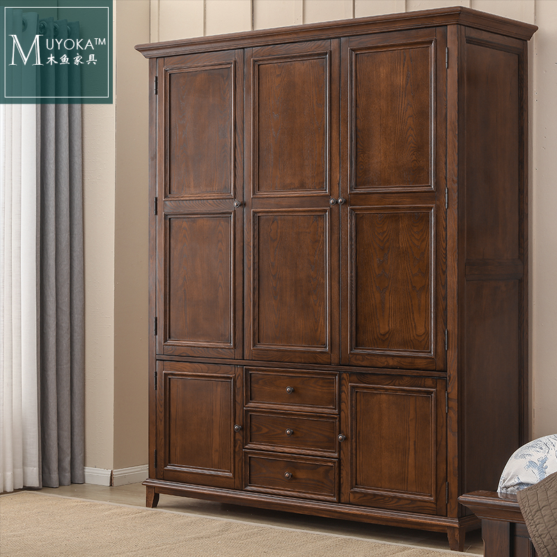 White Wax Wood American Solid Wood Wardrobe 3 doors Closet Black Walnut Brand Wardrobe PB