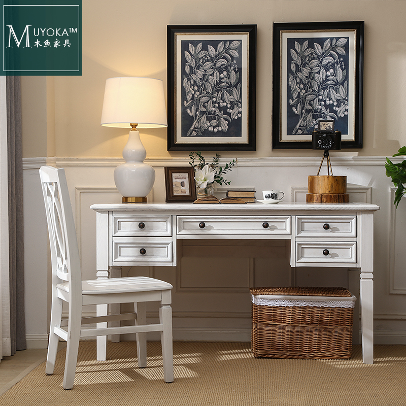 Ash wood American desk Solid wood Nordic white old simple study combination drawer table Computer table Office desk