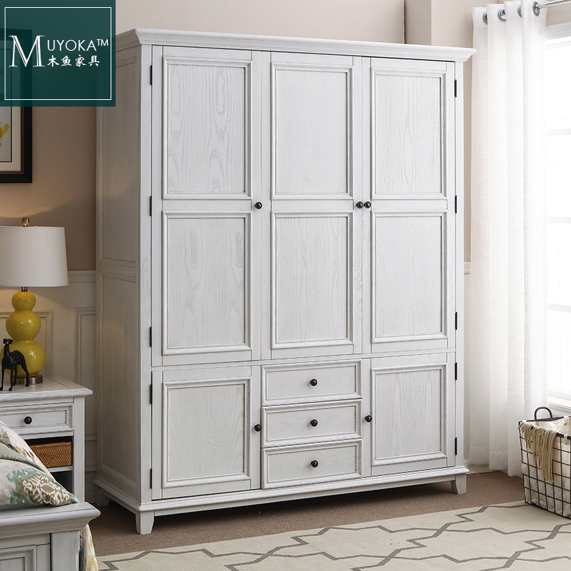 Wood Fish Furniture American Countryside Solid Wood Three Doors Wardrobe Closet White Wax Wood White Made Old Big Wardrobe Top Cabinet Solid Wood-Taobao