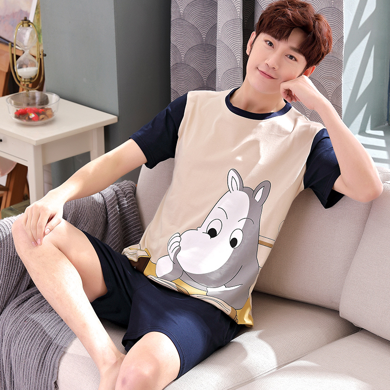 Summer mens đồ ngủ mỏng đồ ngủ cotton mens ngắn tay bông phim hoạt hình quần áo nhà chất béo cộng với kích thước quy định.