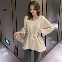 Large size French lantern sleeve sweater for women in autumn and winter fat mm temperament waist slimming bottoming shirt belly-covering long-sleeved sweater