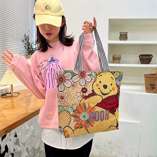 Шоппер для отдыха, сумка на одно плечо, барсетка, льняная сумка, мультяшный тканевый мешок, с вышивкой