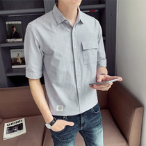 Spring and summer striped shirt mens short sleeve Korean handsome loose Tide brand middle sleeve seven-point sleeve shirt Half sleeve men