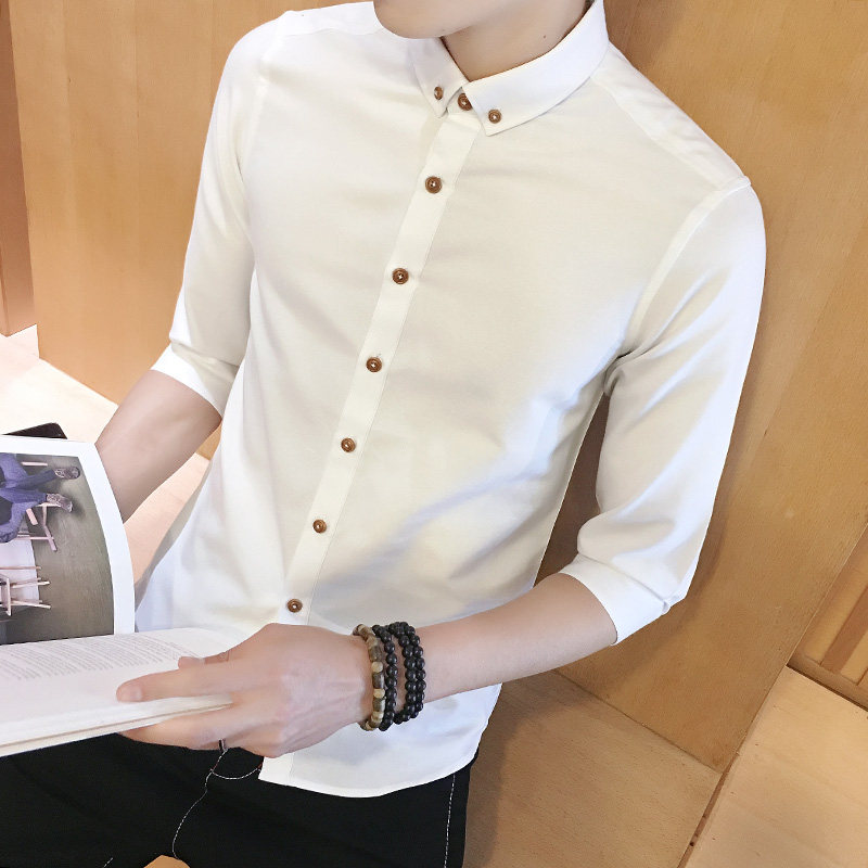 70% sleeve shirt male Korean version Summer sashimi 100 lap 50% sleeve shirt with damp slim fit Korean version white hair stylist men's clothing