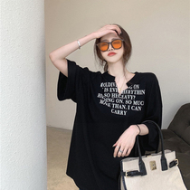 oioi mmlg Tide brand short sleeve t-shirt women Summer loose medium and long letter print simple V collar half sleeve top