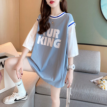 Letter T-shirt women 2021 new summer loose long short sleeve blouse fake two pieces thin round neck base shirt