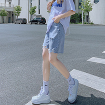 Tide brand hole denim shorts womens summer 2021 thin high waist loose wear thin wide leg pants