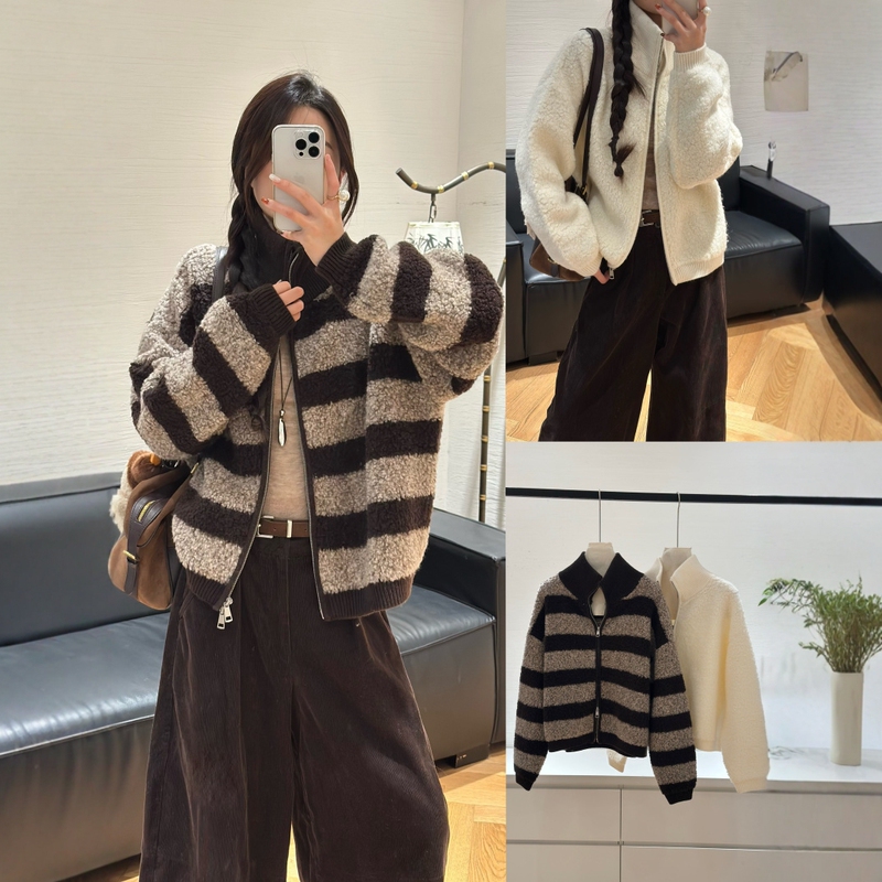 Coco Europe Station 26 Winter New Collection Versatile Stand Collar Zipper Loose Lazy Style 100% Merino Wool Knit Jacket