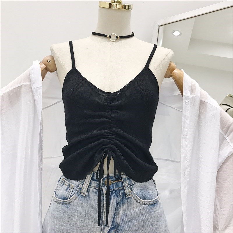 Kuxing cổ chữ V kéo sợi dây thừng sling vest bên nữ 2020 mùa hè mới của Hàn Quốc phiên bản sexy tay dệt kim mở hit rốn