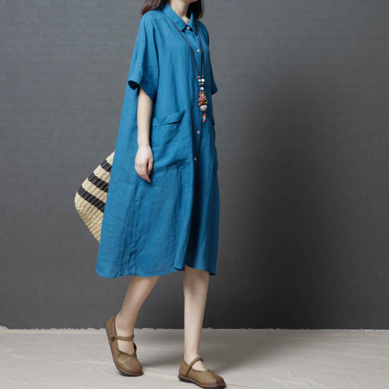 Mùa hè ăn mặc Hàn Quốc phiên bản lỏng lẻo bông tay áo nghệ thuật nhỏ tươi đang lớn màu dài vải giản dị áo váy