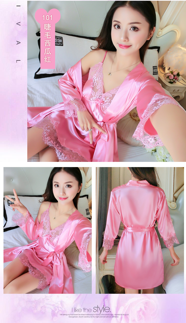Váy lụa mới mùa hè nữ ren đỏ sling đồ ngủ mỏng phụ nữ mùa xuân và mùa thu áo choàng lụa gợi cảm hai mảnh váy sát nách
