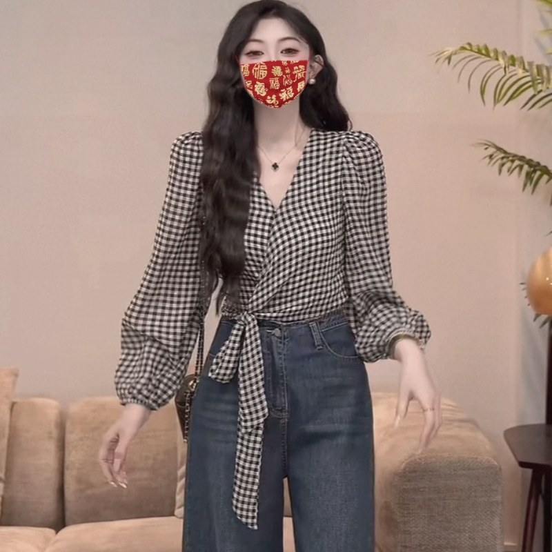 High-End Long-Sleeved V-Neck Belted Plaid Shirt for Women, 2025 New Trendy and Unique Top
