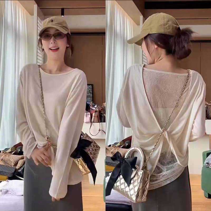Korean Style Chic Backless Lace Patchwork Twist Long-Sleeve T-Shirt Sun Protection Cover-Up Women's Trendy Casual Top