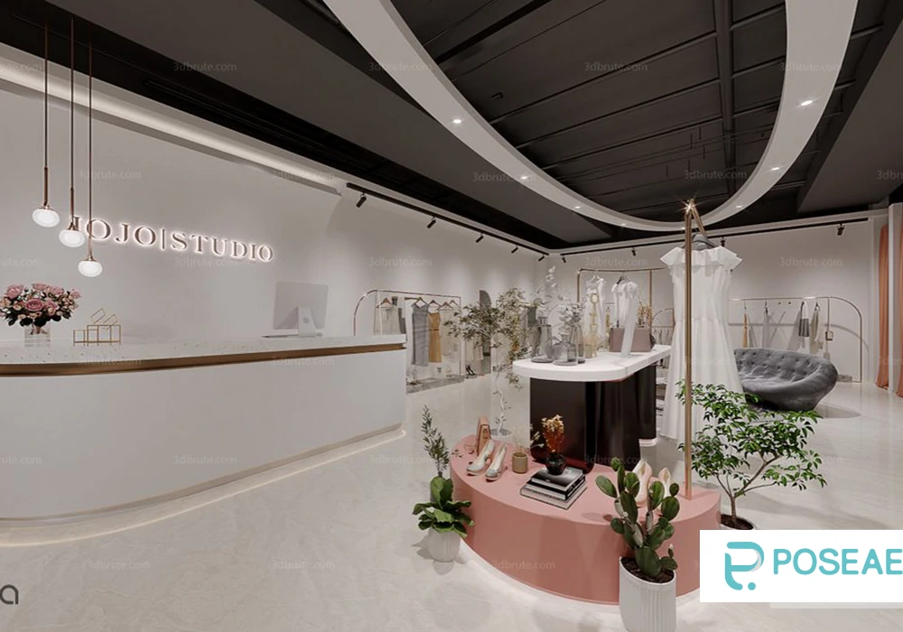 【3D模型】现代轻奢女装店（弧形元素 + 花艺点缀）3DMAX 模型-PoseAe