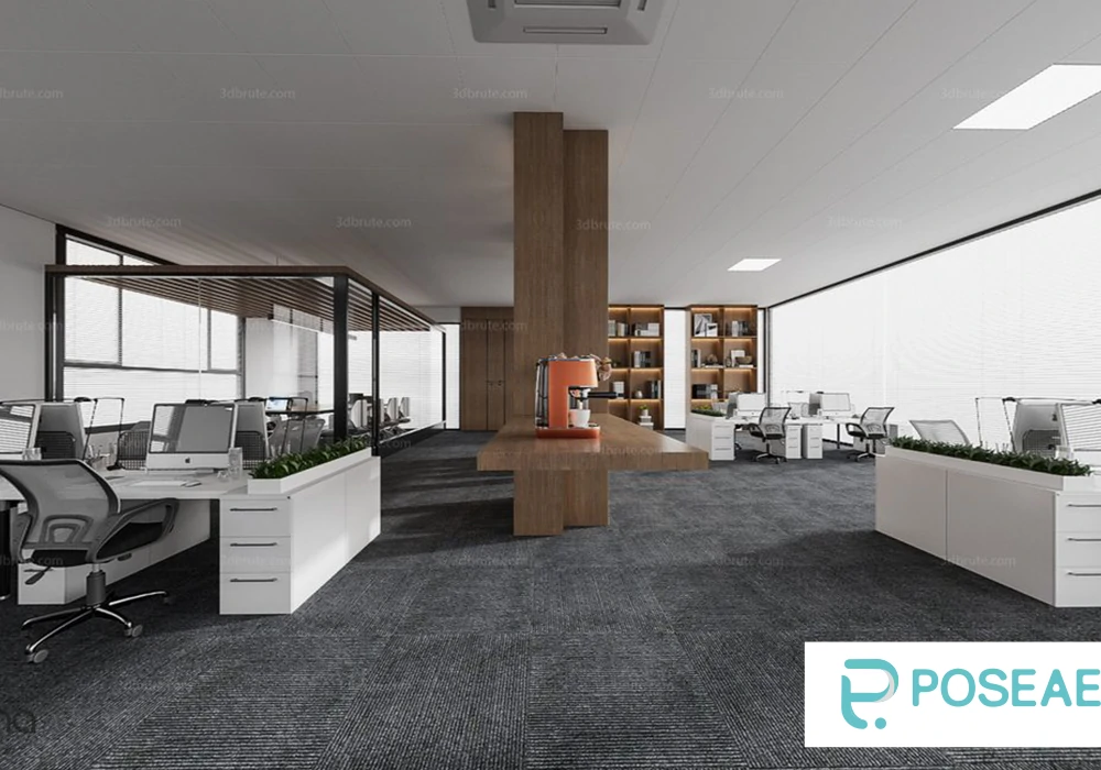 【3D模型】现代简约办公空间（绿植隔断 + 原木中岛）3DMAX 模型-PoseAe