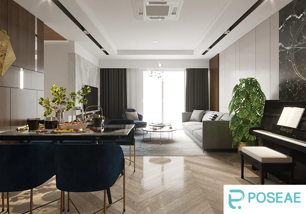 【3D模型】雅致格调客餐厅（钢琴点缀 + 蓝棕撞色）3DMAX 模型-PoseAe