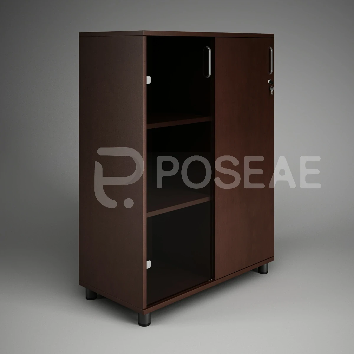 【3D模型】深棕色玻璃门文件柜 3D 模型-PoseAe