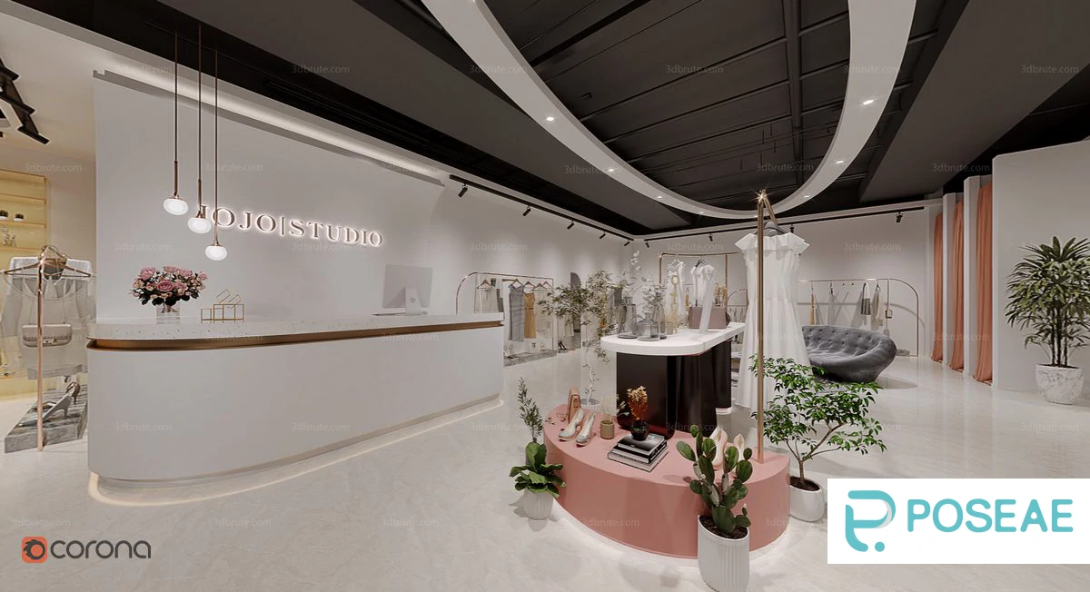 图片[1]-【3D模型】现代轻奢女装店（弧形元素 + 花艺点缀）3DMAX 模型-PoseAe视频创意库