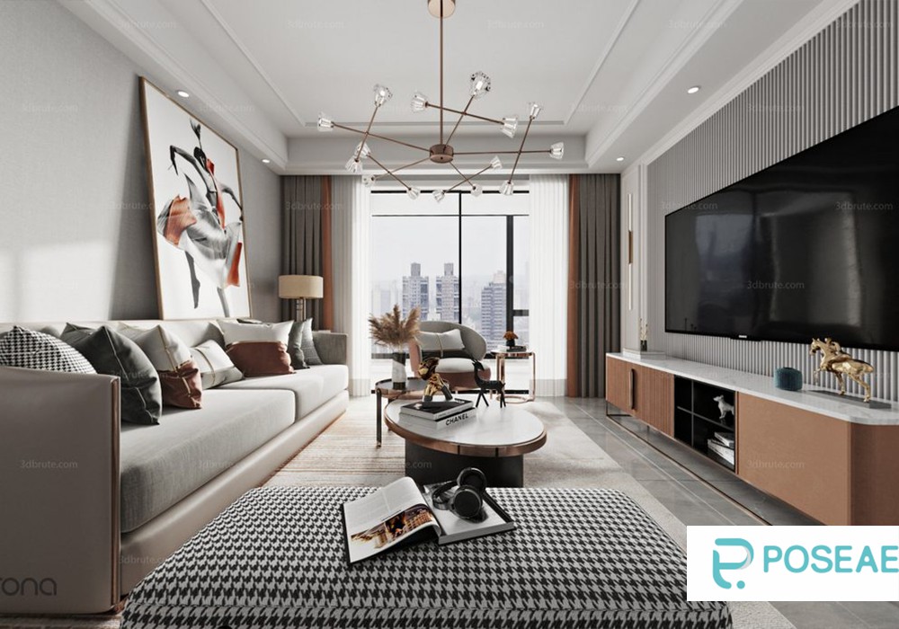 【3D模型】现代轻奢客厅设计 艺术吊灯挂画千鸟格脚踏软装搭配 3DMAX 模型-PoseAe