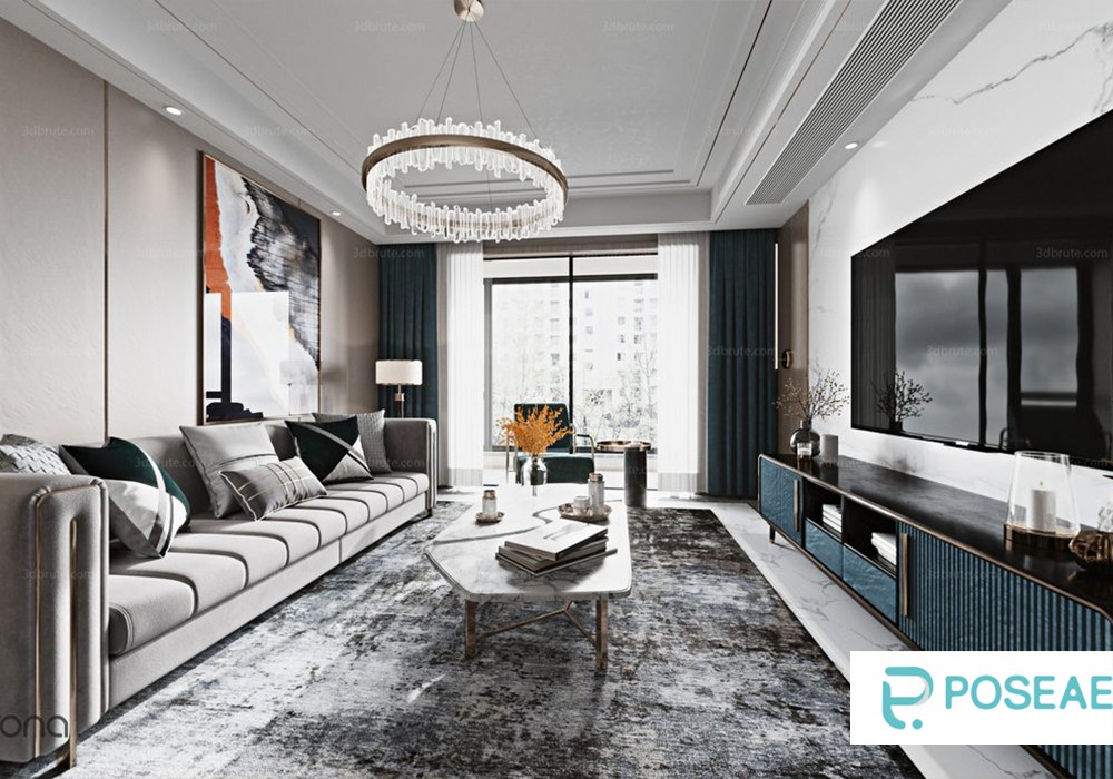 【3D模型】现代轻奢客厅设计 水晶吊灯艺术挂画大理石茶几软装搭配 3DMAX 模型-PoseAe