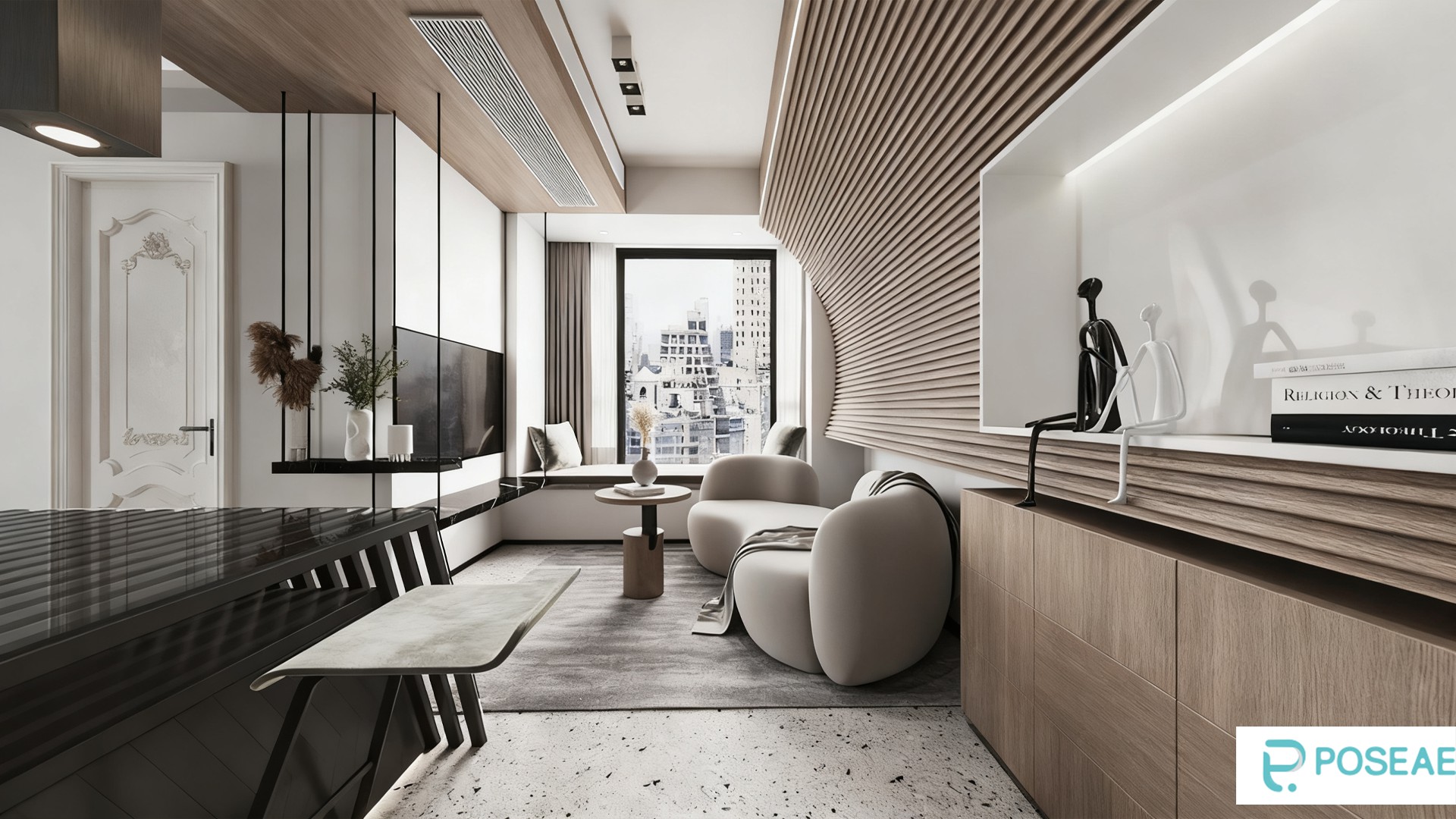 图片[1]-【3D模型】现代简约小户型客厅设计 弧形沙发木质格栅大窗户软装搭配 3DMAX 模型-PoseAe视频创意库